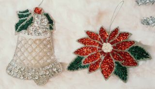 Vintage Rhinestone Beaded Bell Poinsettia Avon Sparkling Appliques Ornaments - 2