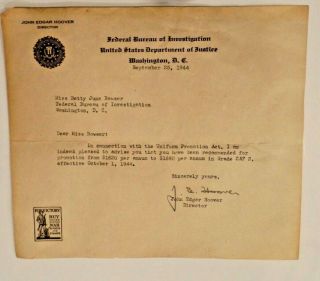 J Edgar Hoover Typed Letter Signed Autograph Fbi Letterhead 1944