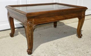 Henredon country french low end or small coffee table carved legs parquet top 2