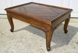 Henredon country french low end or small coffee table carved legs parquet top 3