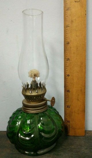 Vintage Antique Textured Pressed Green Glass Miniature Oil Hurricane Lamp C5 - 15