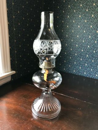 Antique Vintage Kerosene Oil Lamp With Floral Chimney & Brass Eagle Burner
