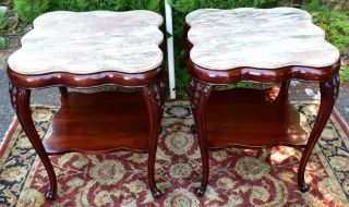 1940s French Louis Xv Style Solid Mahogany Marble Top Side Tables