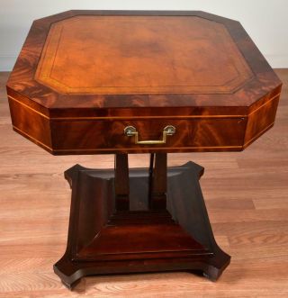 1910s Antique English Regency Flame Mahogany Leather Top Inlaid Side Table