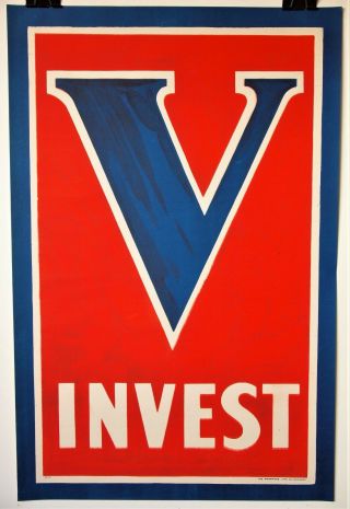 Ww1 Invest In " V " For Victory Us Treasury Liberty Bond Poster 1919 Wall Street