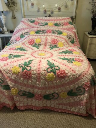 Vintage Pink Floral Chenille Bedspread Cabin Crafts? Hoffman? Or Morgan Jones?