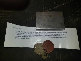 Wwi Handmade Armistice Box With British Dog Tags And Coin