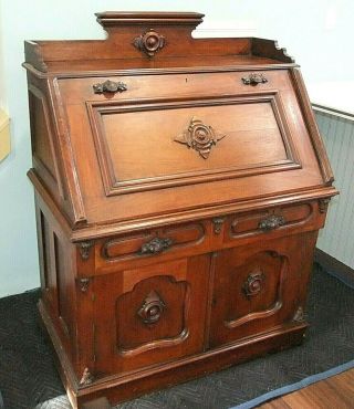 Antique 1800s Victorian Walnut Slant - Top Drop - Front Desk,  Carved Handle Pulls