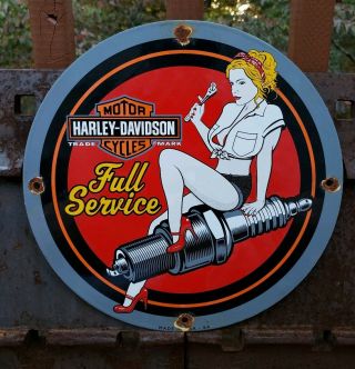 Vintage Harley Davidson Motorcycles Porcelain Sign Pin Up Hog Gas Oil Indian