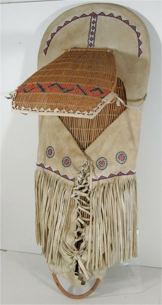 C1930 Native American Paiute Indian Bead Decorated Hide Cradleboard Beaded Hide