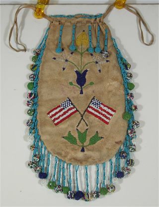 1890s Native American Santee Sioux Indian Bead Decorated Hide Pouch / Beaded Bag