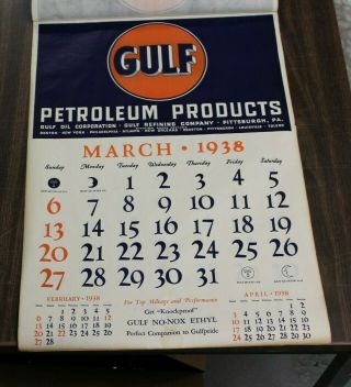 Vintage 1938 Advertising Gulf Oil Gasoline Paper Petroleum Calendar Complete 2