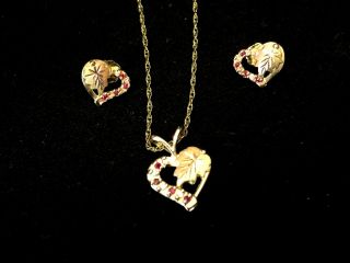 Vintage 10k Black Hills Gold Leaf Heart Garnet Earring,  Pendant & Necklace Set