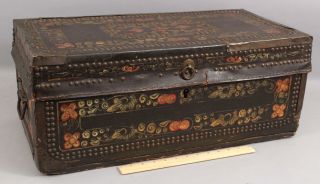 Small 19thc Chinese Export Painted Leather & Brass,  Camphor Wood Chest Trunk