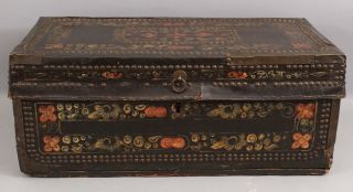 Small 19thC Chinese Export Painted Leather & Brass,  Camphor Wood Chest Trunk 2