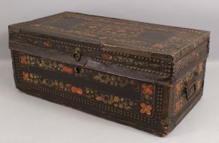 Small 19thC Chinese Export Painted Leather & Brass,  Camphor Wood Chest Trunk 3