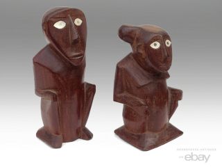 Pair Antique Micronesia Squatting Figures Oceanic Island Tribal Wood Carved