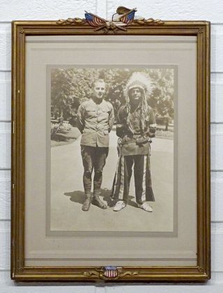 Antique Ww1 Photo Soldier With American Indian In War Bonnet / Patriotic Frame