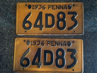 Vtg License Plates Pair Set 1936 Penna Pennsylvania Pa