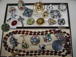 Vintage Joblot Scottish Celtic Jewelery Agate Brooch Pin Pendants Clips Necklace