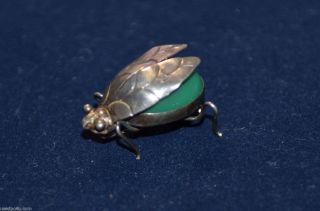 Vintage Sterling Silver Cicada Insect Bug Brooch / Pendant Green Stone