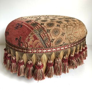 Footstool Wood Chenille Fringe 13” Stool Vtg Antique Tapestry Upholstery Pattern