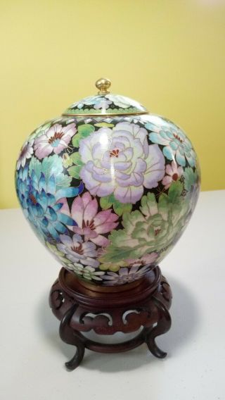 Vintage Chinese Export Cloisonne Enamel Gilt Brass Floral Lidded Jar Vase