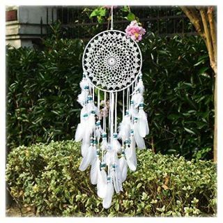 Aglife Large White Boho Dream Catcher With White Feather And Lace Hanging