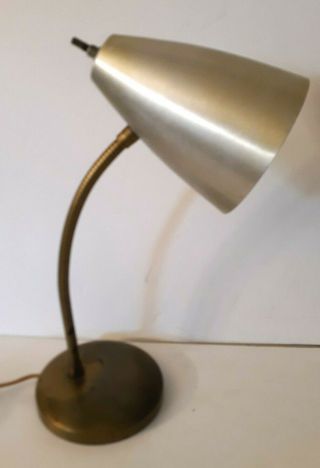 Vtg Mcm Industrial Desk Table Lamp Brass Metal Gooseneck Atomic Bullet Cone Desk