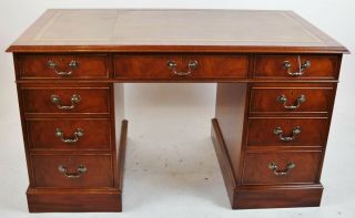 Large Vintage 3 Part English Style 20th C Mahogany Tooled Leather Top Desk