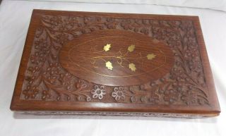 Hand Carved Brass Inlaid Wood Jewelry Box Trinket India No Lining Home Decor