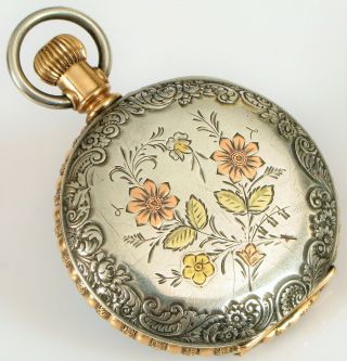 Antique American Waltham Cwc Coin Silver Flower Gold Inlay Details Pocket Watch