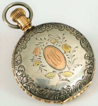 ANTIQUE AMERICAN WALTHAM CWC COIN SILVER FLOWER GOLD INLAY DETAILS POCKET WATCH 2