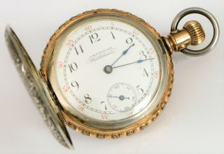 ANTIQUE AMERICAN WALTHAM CWC COIN SILVER FLOWER GOLD INLAY DETAILS POCKET WATCH 3