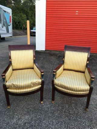Rare - French Empire Salon Chairs (2) With Egyptian Revival Head Motifs Circa 1850