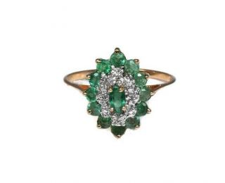 Vintage 10k Gold Emerald Diamond Cocktail Ring,  Size 7.  5