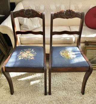 Pair Duncan Phyfe Rose Back Chair Antique Needlepoint Seat Dining Room Table