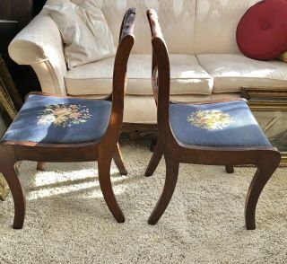 Pair Duncan Phyfe Rose Back CHAIR ANTIQUE NEEDLEPOINT SEAT DINING ROOM Table 2