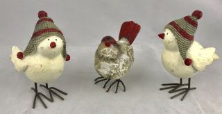 Bird Resin Figurines Decor 1 Small Cardinal And 2 White Finches In Winter Hats