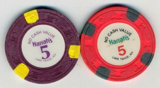 2 $5 no cash value (NCV) chips from Harrah ' s Lake Tahoe,  book value $45 - $53 2