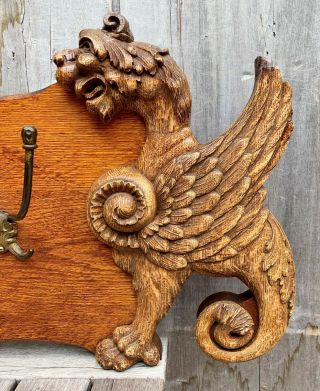 Antique Victorian Carved Griffins Oak Oval Mirror Coat Rack Hall Tree 1880 OOAK 2