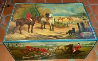 Vintage Wooden Blanket Chest Equestrian Hand Painted Trunk Horse Hound
