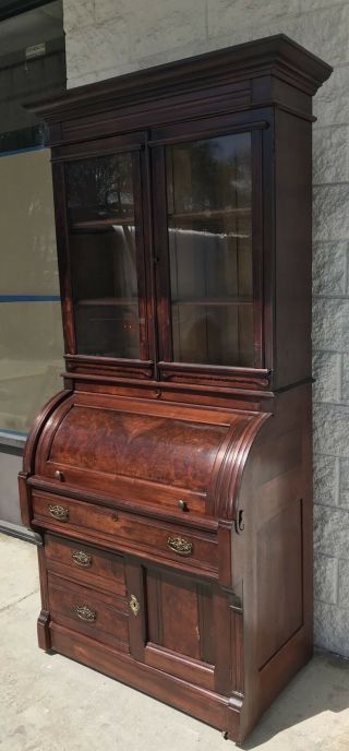 1800’s Antique Eastlake Cylinder Roll Top Desk W/ Glass Front Cabinet Walnut???