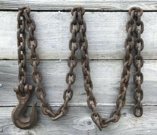 Vintage Heavy - Duty Rusty Chain Length With Cast Iron Hook Vintage Farm Tools