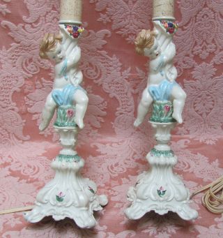 Pair Romantic Vtg 60s Victorian Revival Cast Metal Table Lamps W/cherubs - Roses