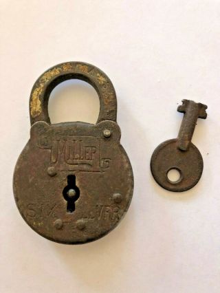 Antique Vintage Miller Six Lever Lock Padlock With Key