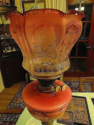 A Victorian Cranberry Etch Twin Duplex Oil Lamp Shade.