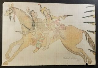 Origional Ledger Art Drawing By Tobey Red Horse 1917.