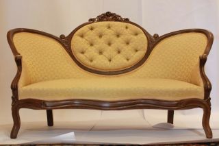 Antique Victorian Yellow Tufted Sofa Couch,  Cameo Back