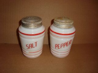 Vintage Pair Salt And Pepper Beehive Milk Glass With Red Hazel Atlas